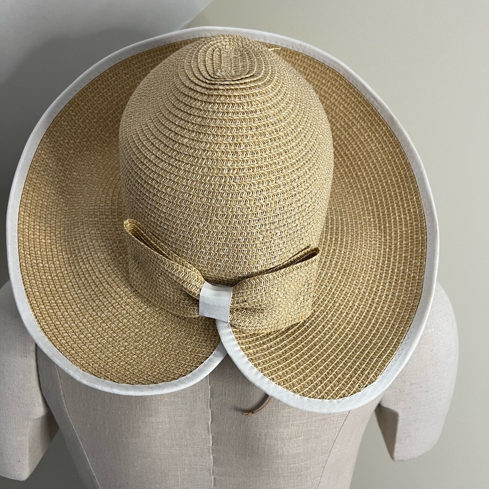 Sun-n-Sand Women's Tan Straw Sun Hat with White Trim and Bow Accent UPF 50